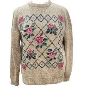 Vintage Granny Core Floral Wool Sweater SZ M Tan Pink Blue